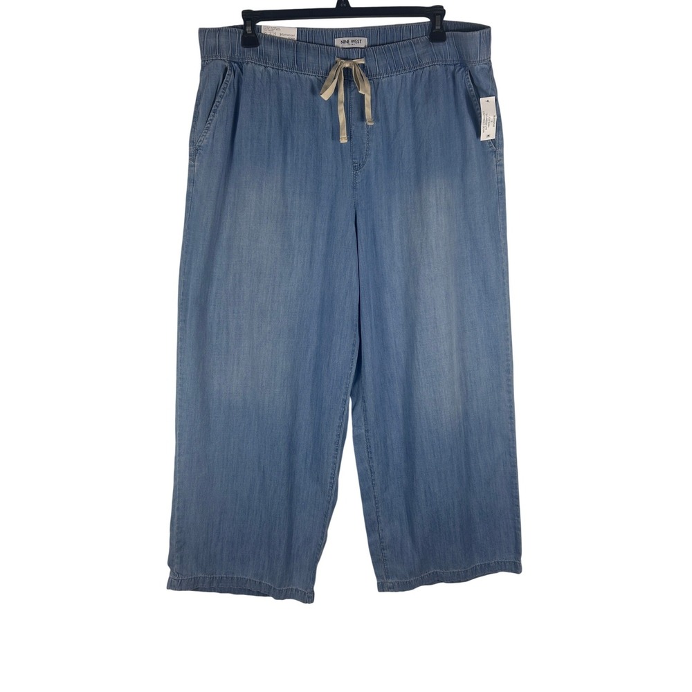 Nine West Jeans Womens Pants 1X Plus Blue Lightweight Denim Wide Leg Drawstring